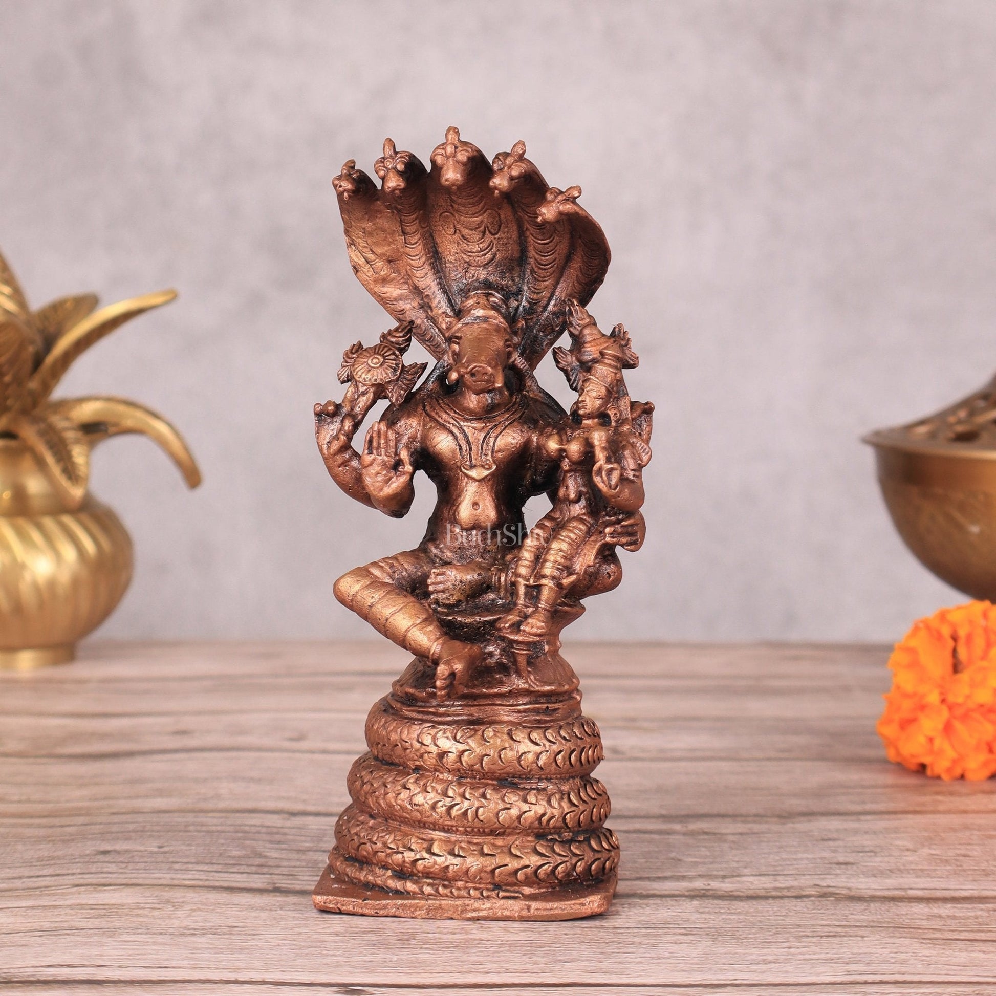 Pure Copper Varaha Lakshmi Idol Seated on Sheshnaag - 5.5 Inch - Sama Homes Idol - Brass Sculpture - Eco-friendly - Sama Homes