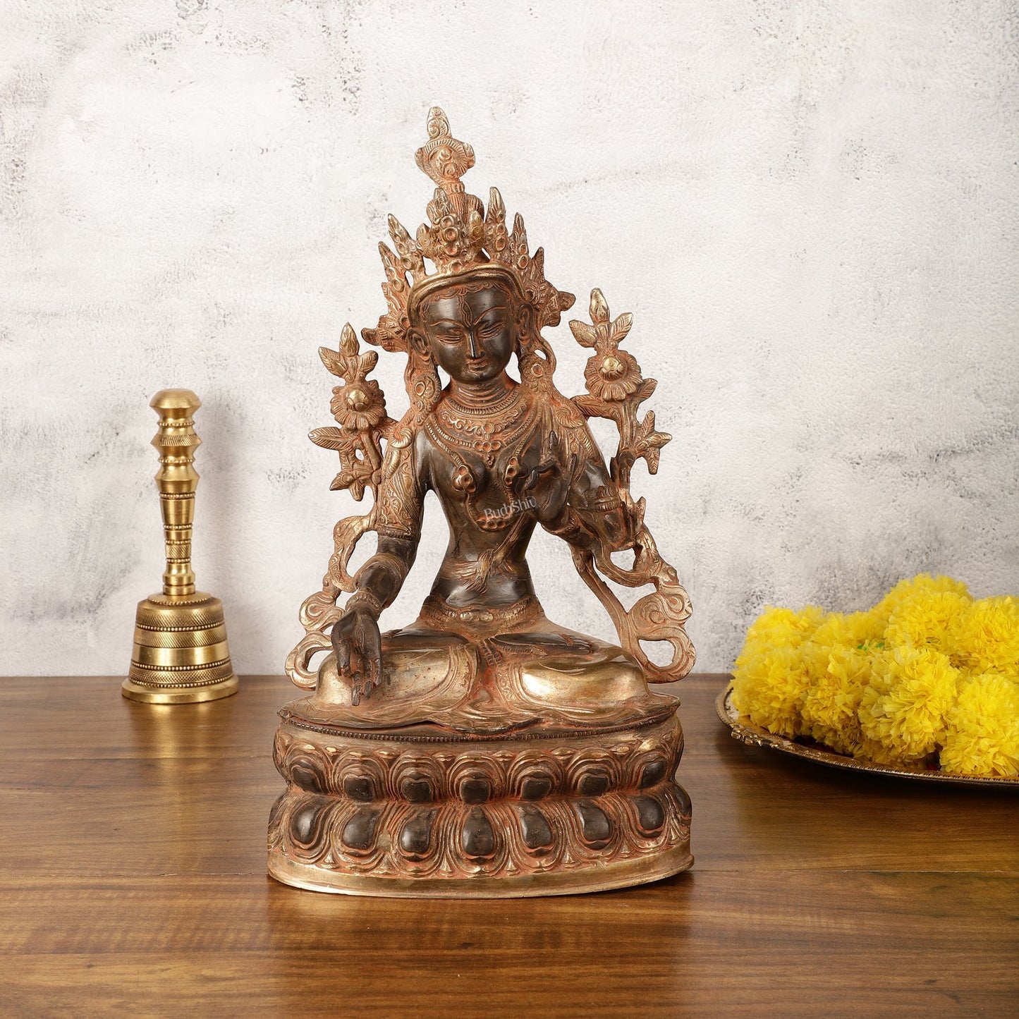 Pure Fine Brass White Tara Statue - 14" Tall - Antique Sand Patina - Sama Homes Idol - Brass Sculpture