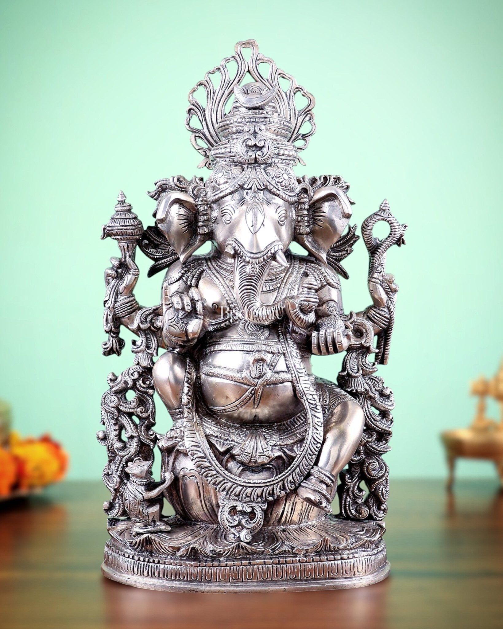 Pure Superfine Brass Lord Ganesha Unique Statue 14 inch silver plated - Sama Homes Idol - Brass Sculpture - Eco-friendly - Sama Homes