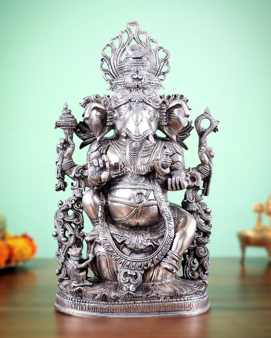 Pure Superfine Brass Lord Ganesha Unique Statue 14 inch silver plated - Sama Homes Idol - Brass Sculpture