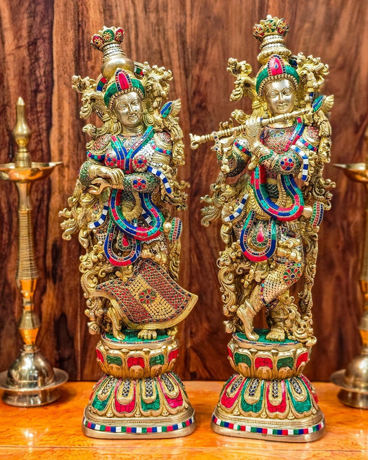 Sama Homes-radha krishna brass idols 29 inches height with triple layered meenakari stonework and brass chip work 3