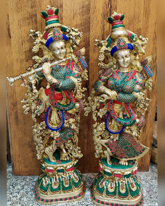 Sama Homes-copy of radha krishna brass idols 29 inches height with double layered meenakari stonework