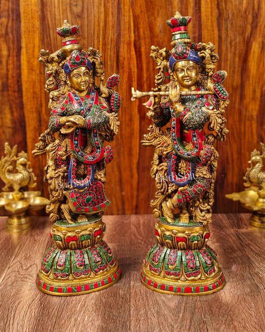 Sama Homes-radha krishna brass idols with stonework 21 inches 2