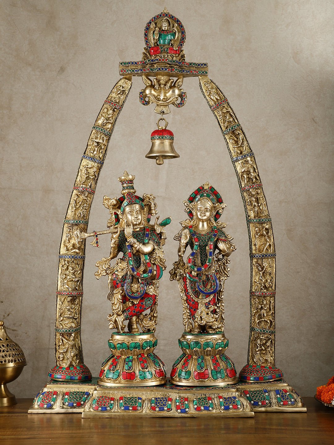 Radha Krishna Idols with Temple Arch Frame - Brass Superfine, Meenakari Stonework, 35" - Sama Homes Idol - Brass Sculpture - Eco-friendly - Sama Homes