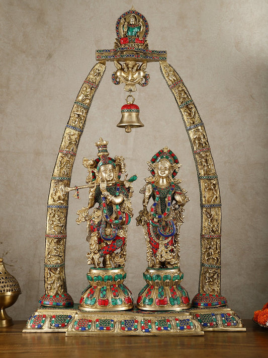 Radha Krishna Idols with Temple Arch Frame - Brass Superfine, Meenakari Stonework, 35" - Sama Homes Idol - Brass Sculpture