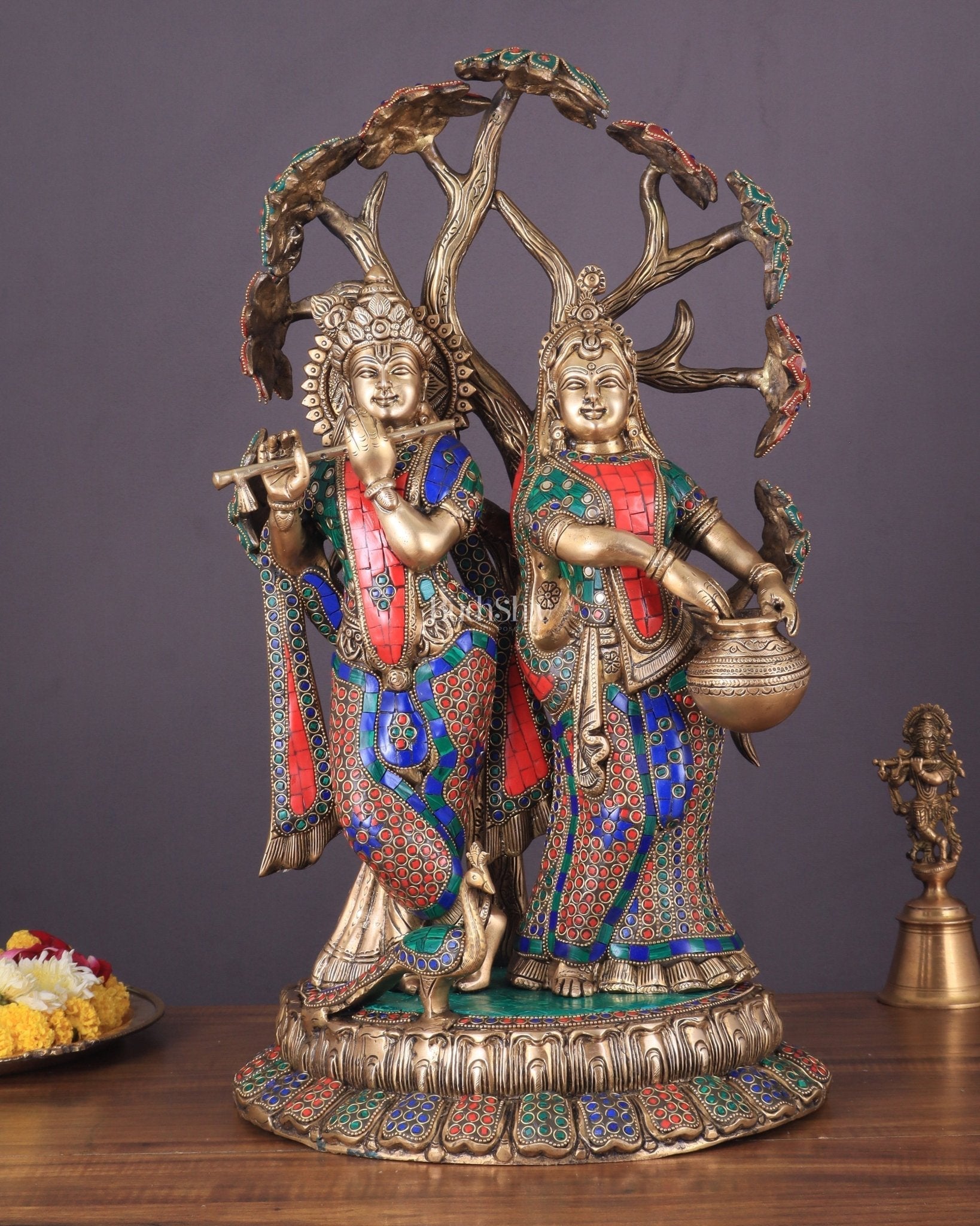 Radha Krishna Under Kadamba Tree | Superfine Brass Sculpture | 21 Inch Height with stonework - Sama Homes Idol - Brass Sculpture - Eco-friendly - Sama Homes