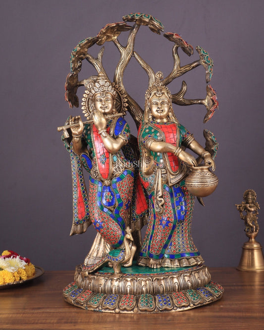 Radha Krishna Under Kadamba Tree | Superfine Brass Sculpture | 21 Inch Height with stonework - Sama Homes Idol - Brass Sculpture