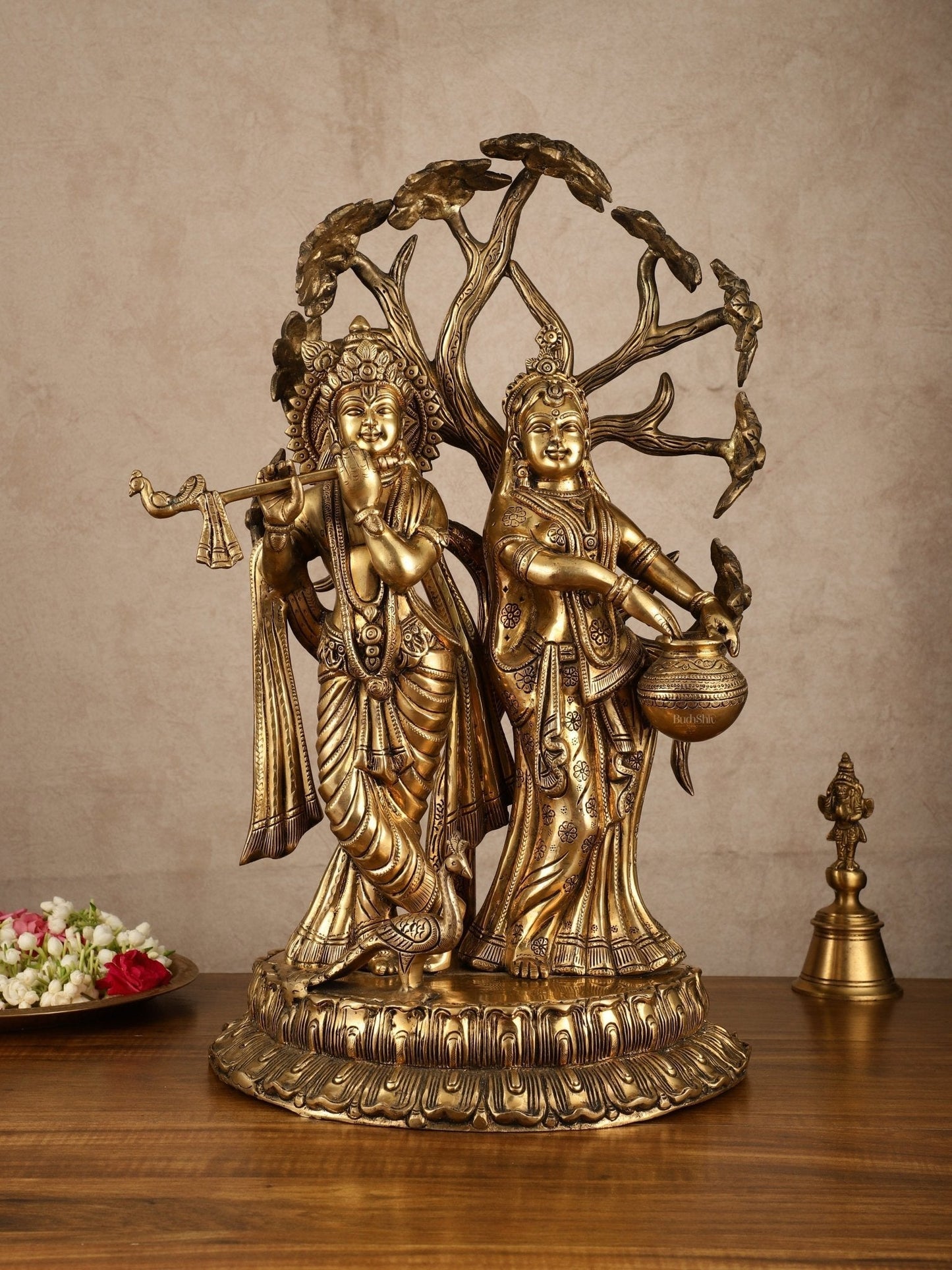 Radha Krishna Under Kadamba Tree | Superfine Brass Sculpture | 21 Inch Height - Sama Homes Idol - Brass Sculpture