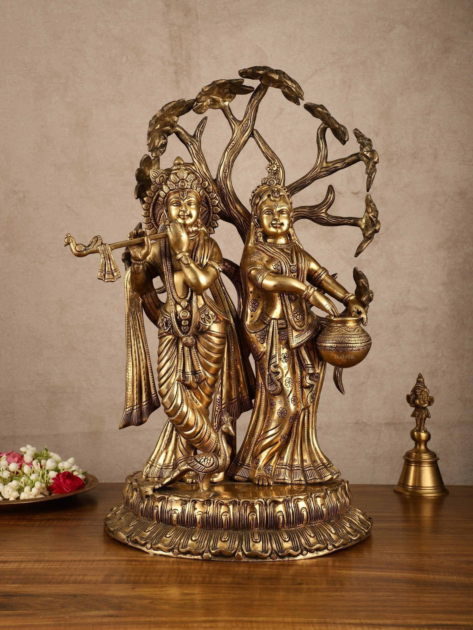 Radha Krishna Under Kadamba Tree | Superfine Brass Sculpture | 21 Inch Height - Sama Homes Idol - Brass Sculpture - Eco-friendly - Sama Homes