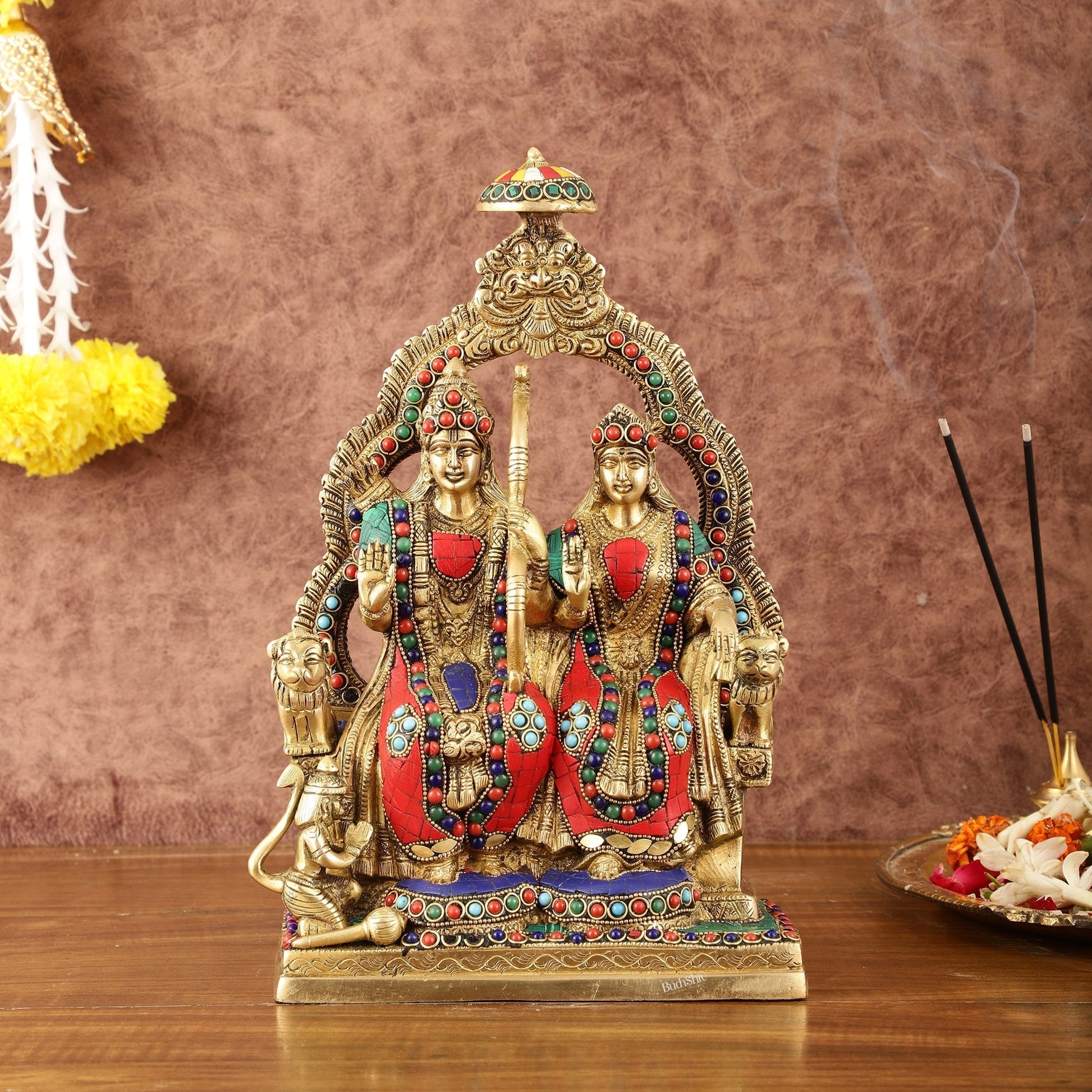 Rama, Sita, and Hanuman brass idol | 11" Height with stonework - Sama Homes Idol - Brass Sculpture - Eco-friendly - Sama Homes