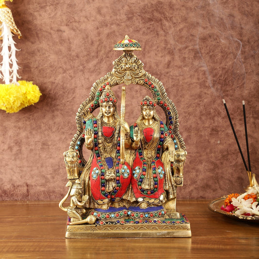Rama, Sita, and Hanuman brass idol | 11" Height with stonework - Sama Homes Idol - Brass Sculpture