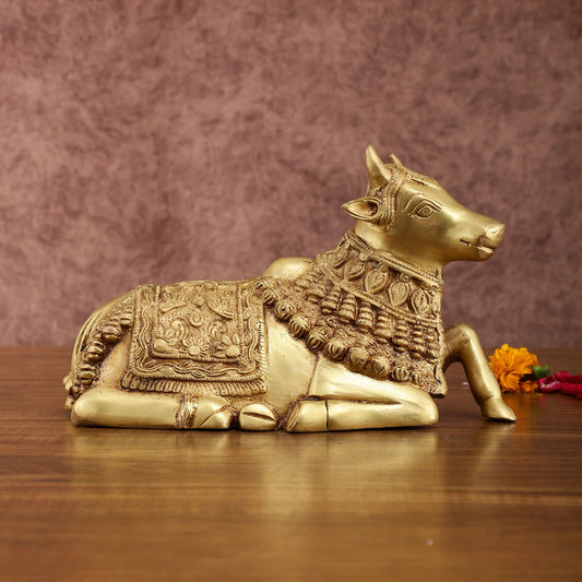 Rare Pure Brass Engraved Nandi Statue – 10" Exquisite Handcrafted Idol - Sama Homes Idol - Brass Sculpture