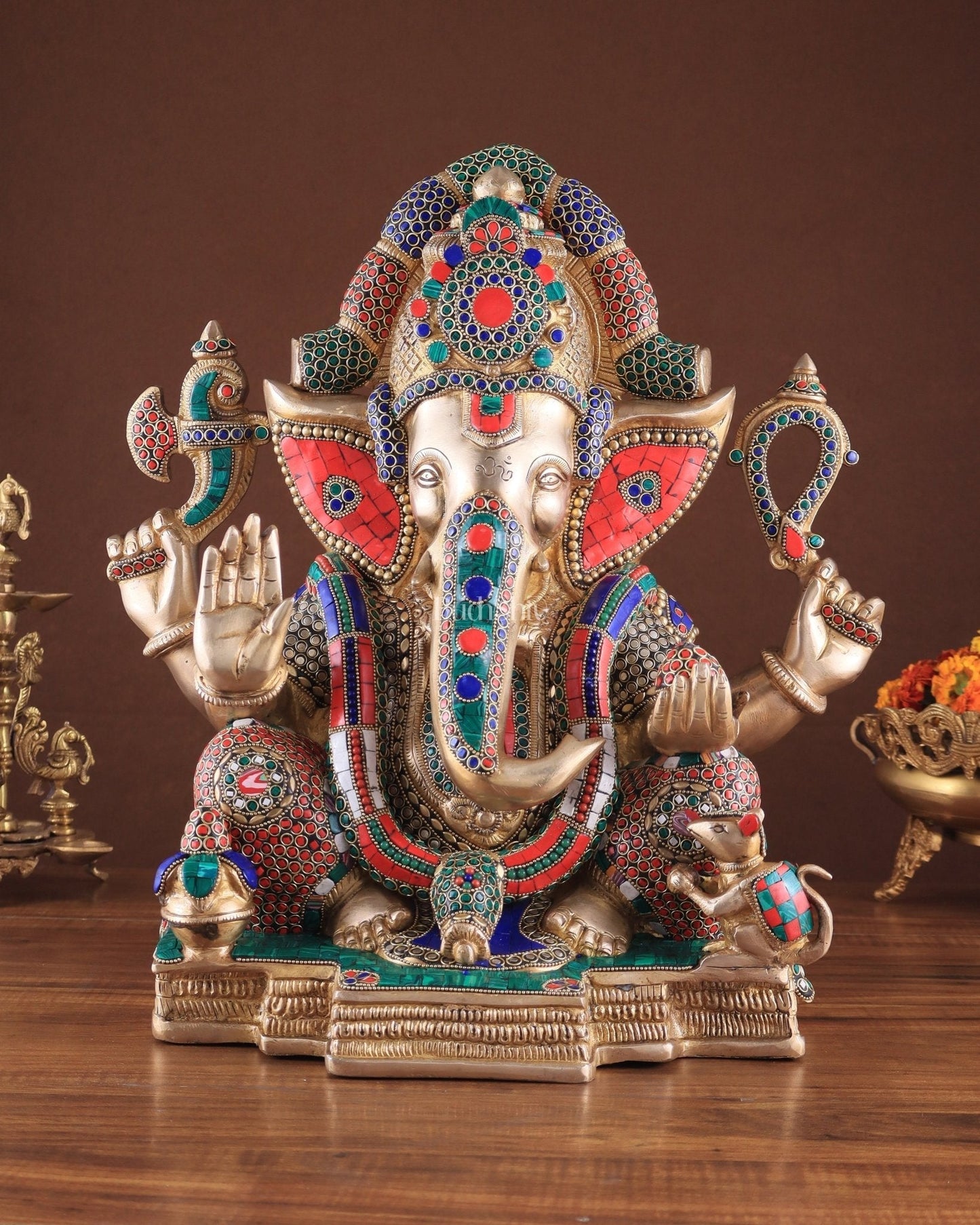 Rare Vinayaka Statue: Pure Brass Ganesha with stonework | 18 inch - Sama Homes Idol - Brass Sculpture