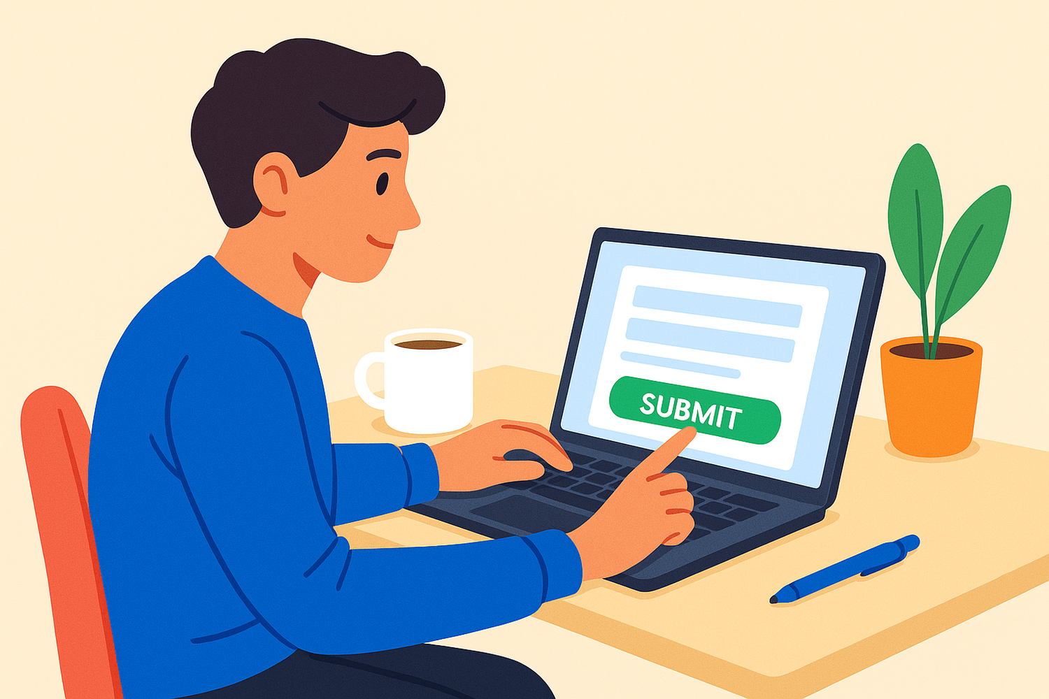 realistic image to support person submitting a form, simple colorful vector style, clear focus