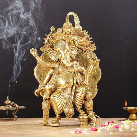 Regal Brass Superfine Lord Ganesha Statue on Singhasan Throne with Shiva - 16" - Sama Homes Idol - Brass Sculpture