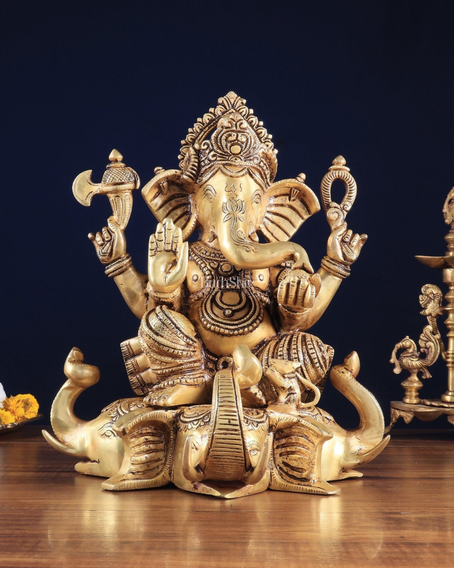 Royal Brass Lord Ganesha on Elephant Heads Aasan – 12.5" x 10" x 9" | Majestic Sculpture - Sama Homes Idol - Brass Sculpture