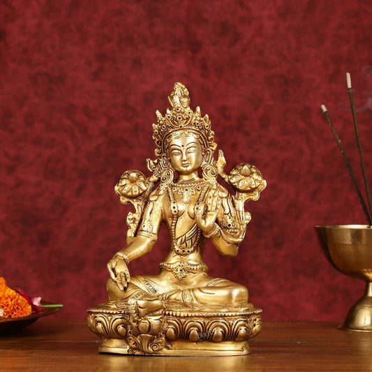 Sacred Pure Brass Green Tara Devi Idol - Handcrafted Sculpture 8" - Sama Homes Idol - Brass Sculpture