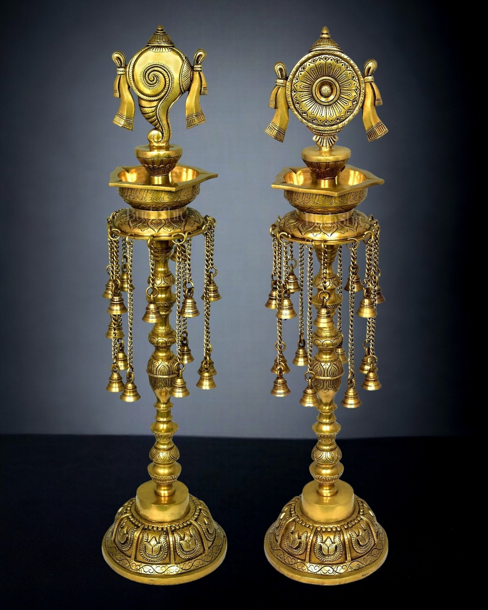 Sacred Superfine Brass Shankh Chakra Oil Lamps - Pair 30 inch - Sama Homes Idol - Brass Sculpture - Eco-friendly - Sama Homes