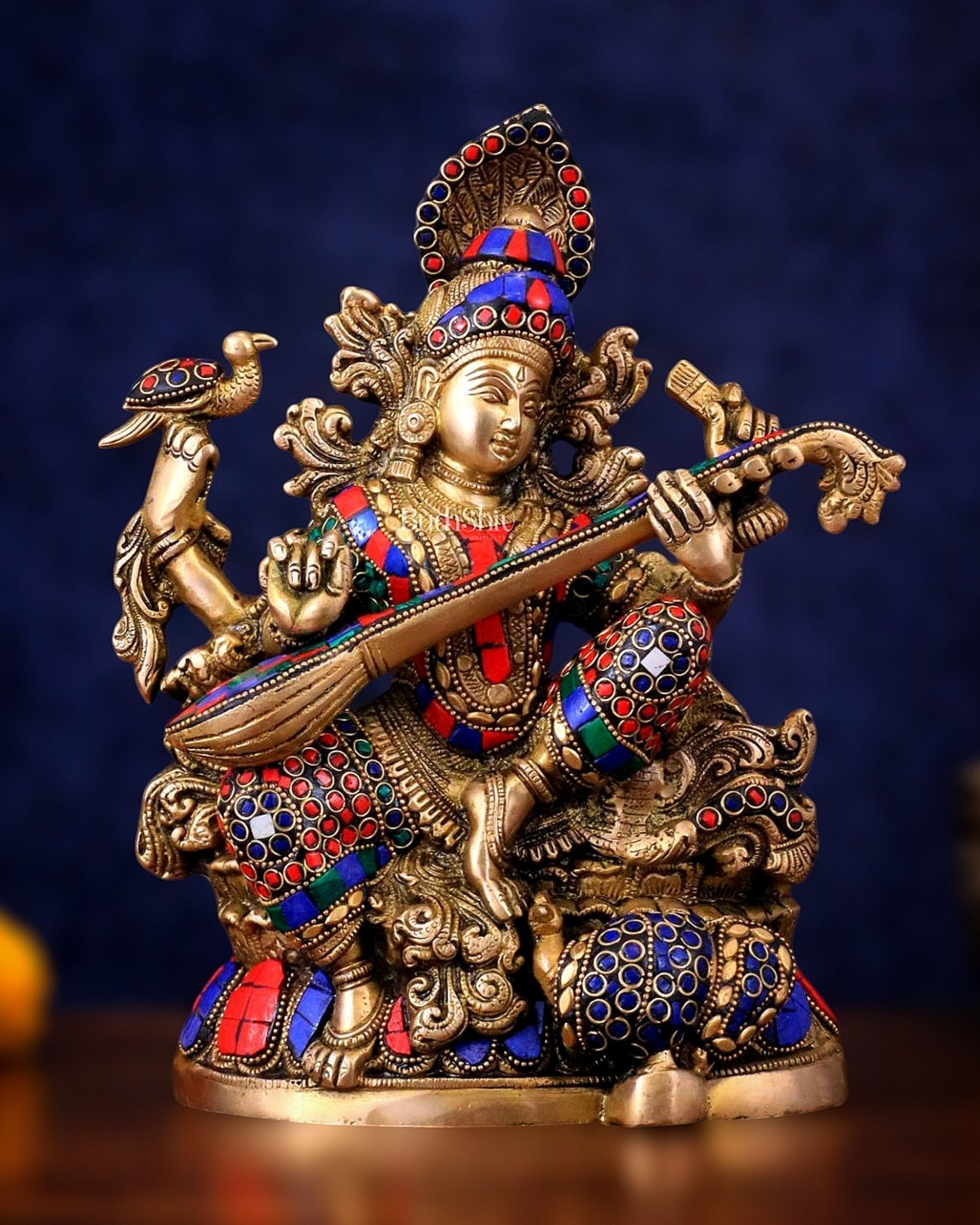Saraswati brass idol 11 inch with Stonework - Sama Homes Idol - Brass Sculpture - Eco-friendly - Sama Homes