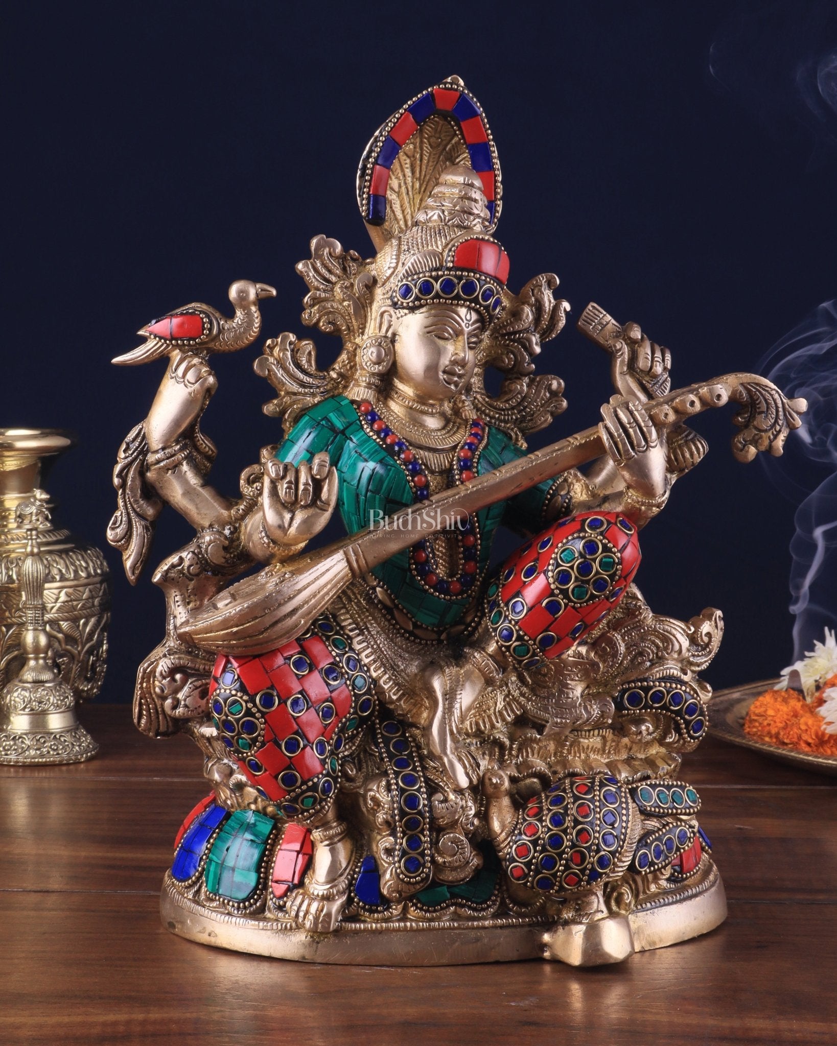 Saraswati brass idol 11 inches multi colour - Sama Homes Idol - Brass Sculpture - Eco-friendly - Sama Homes