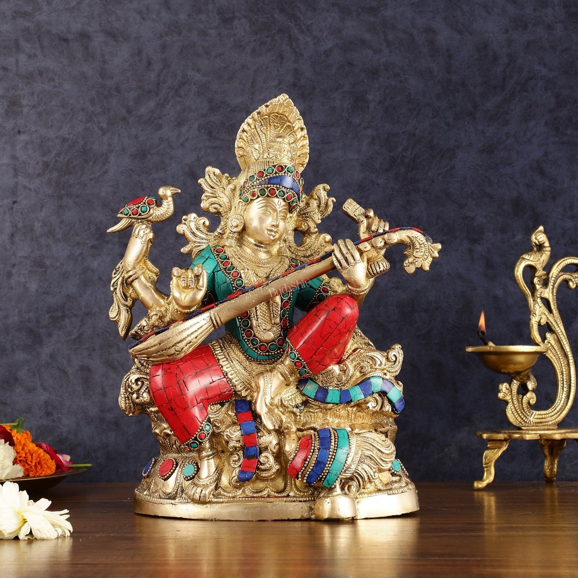 Saraswati brass idol 11 inches multicolour - Sama Homes Idol - Brass Sculpture - Eco-friendly - Sama Homes