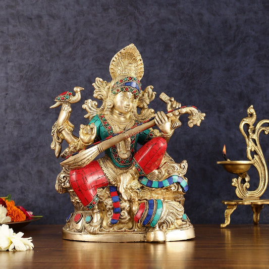 Saraswati brass idol 11 inches multicolour - Sama Homes Idol - Brass Sculpture