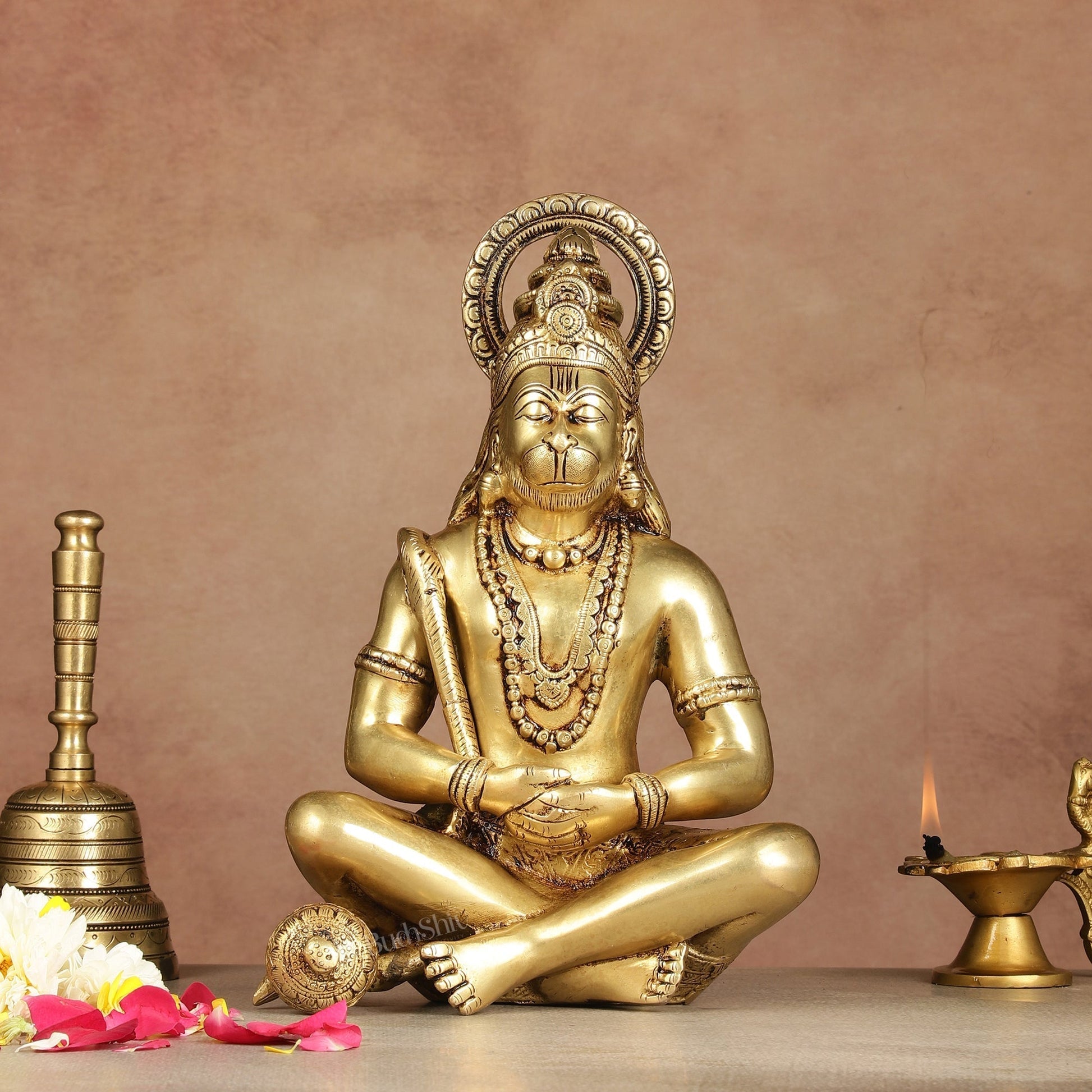 Serene Brass Hanuman Idol in Meditation - 12 inch - Sama Homes Idol - Brass Sculpture - Eco-friendly - Sama Homes