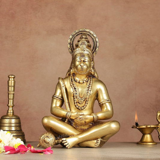 Serene Brass Hanuman Idol in Meditation - 12 inch - Sama Homes Idol - Brass Sculpture