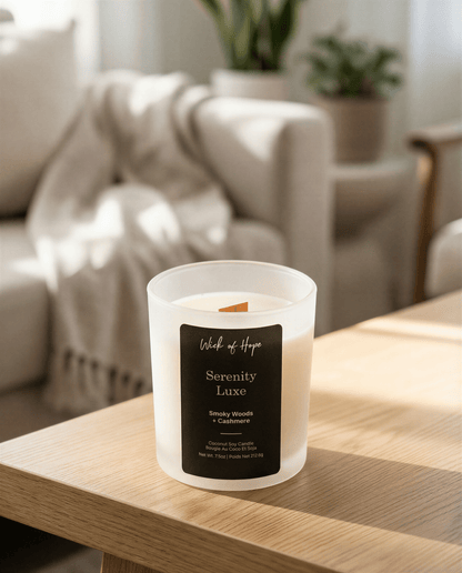 Serenity Luxe Candle | Smoky Woods + Cashmere by Wick of Hope - Full Size Candle (View 6)