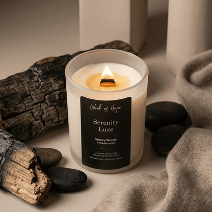 Serenity Luxe Candle | Smoky Woods + Cashmere by Wick of Hope - Full Size Candle (View 2)