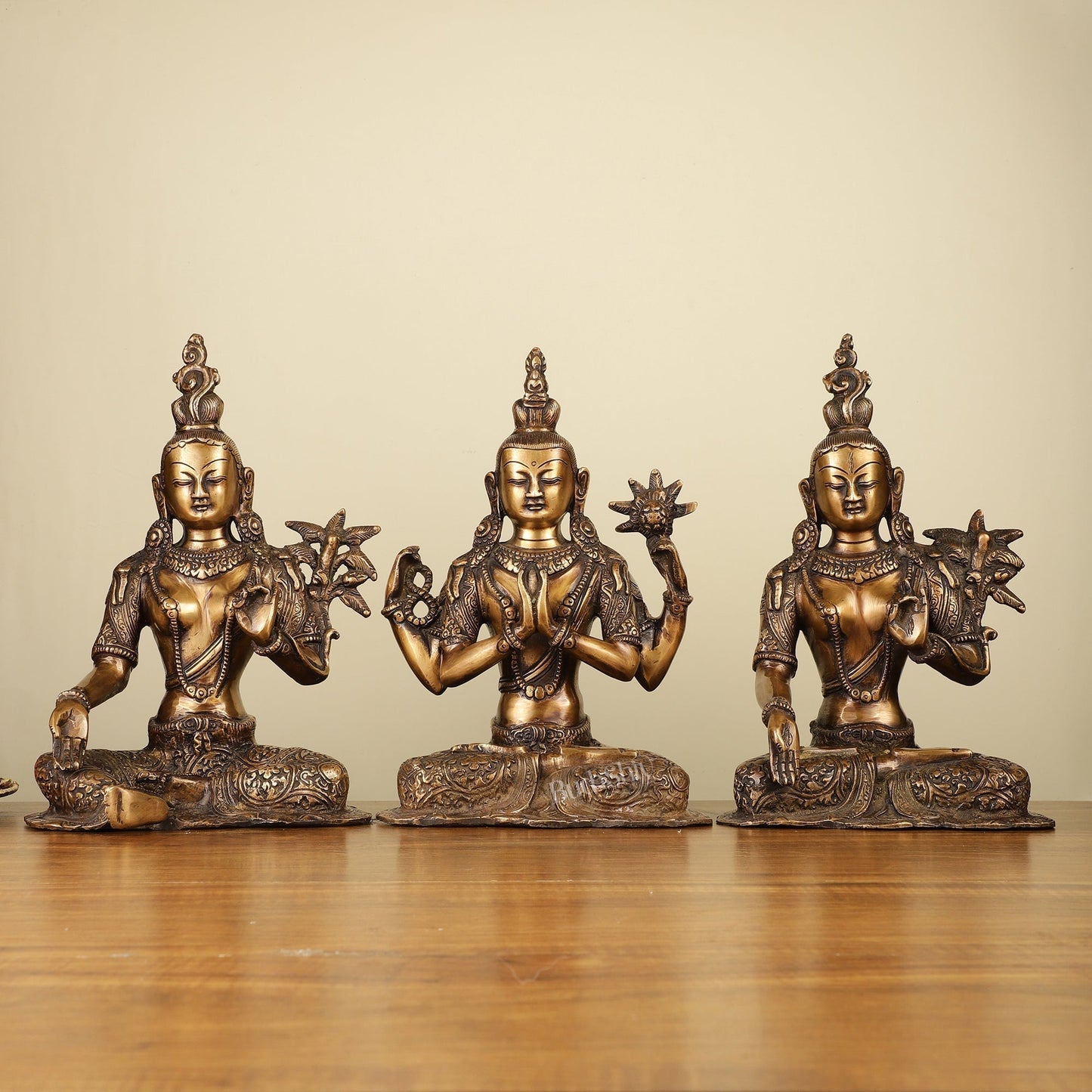 Set of 3 - White Tara, Green Tara and Chenrezig Brass Idols 10.5" - Sama Homes Idol - Brass Sculpture