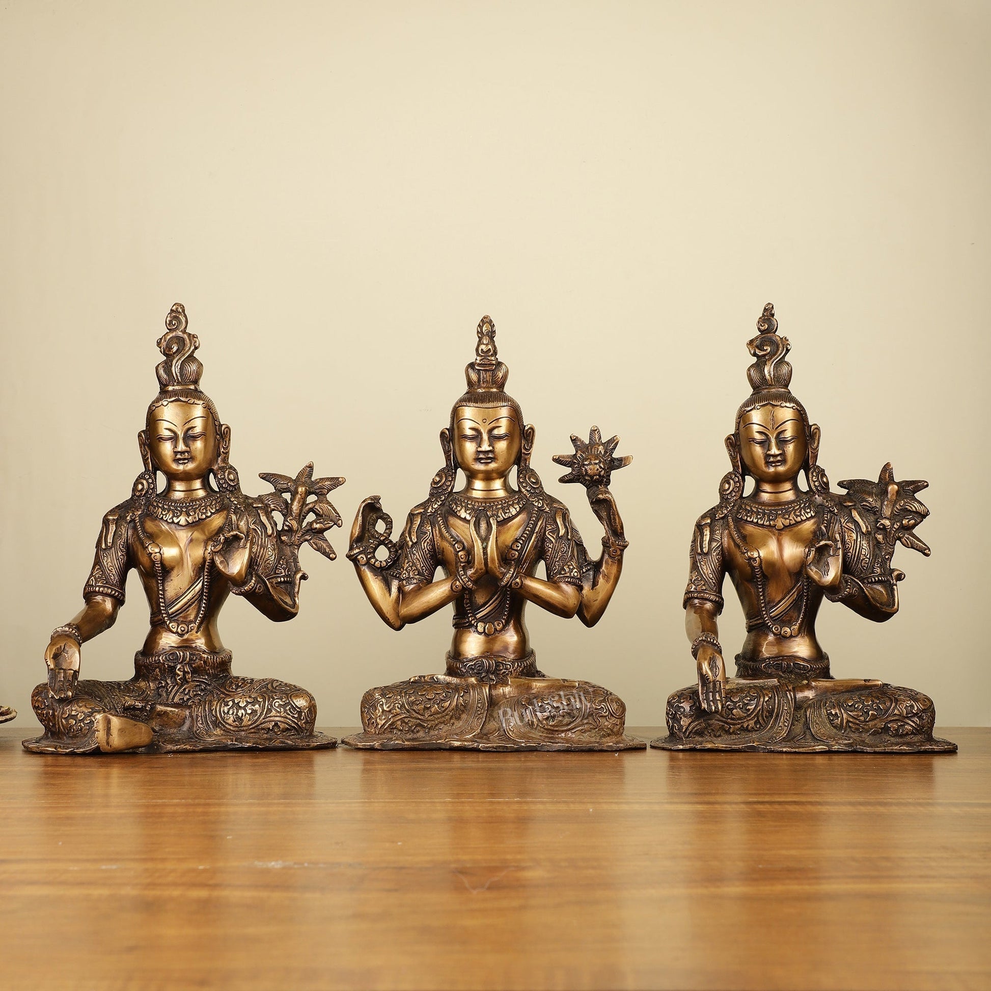 Set of 3 - White Tara, Green Tara and Chenrezig Brass Idols 10.5" - Sama Homes Idol - Brass Sculpture - Eco-friendly - Sama Homes