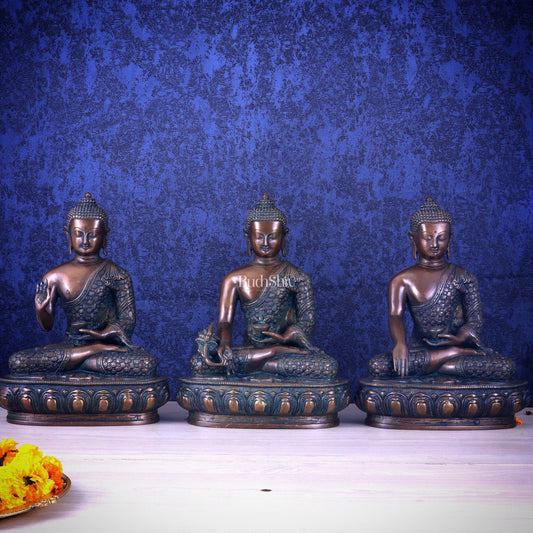 Set of Three Brass Buddha Statues –  13.5" - Sama Homes Idol - Brass Sculpture