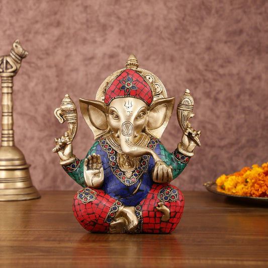 Sharp Featured Brass Ganesha Statue | 8 Inches | Exquisite Stonework - Sama Homes Idol - Brass Sculpture