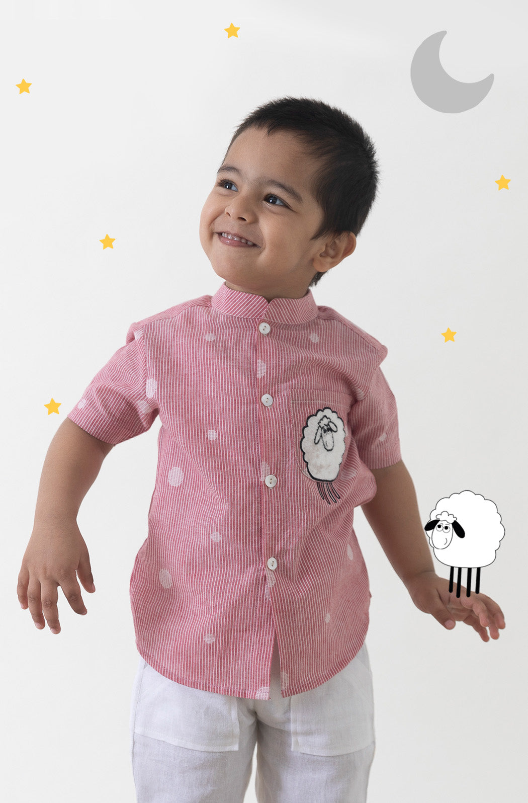 Boy Sheep Embroidered Cotton Shirt  - Pink - Eco-friendly - Sama Homes