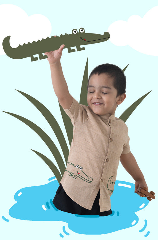 Boy Crocodile Embroidered Cotton Shirt  - Beige