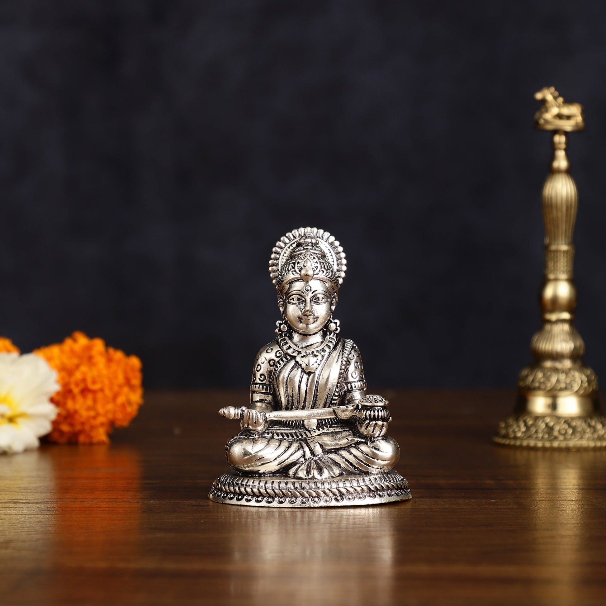 Silver Plated Brass Annapoorna Devi Idol - 3 Inch - Sama Homes Idol - Brass Sculpture - Eco-friendly - Sama Homes