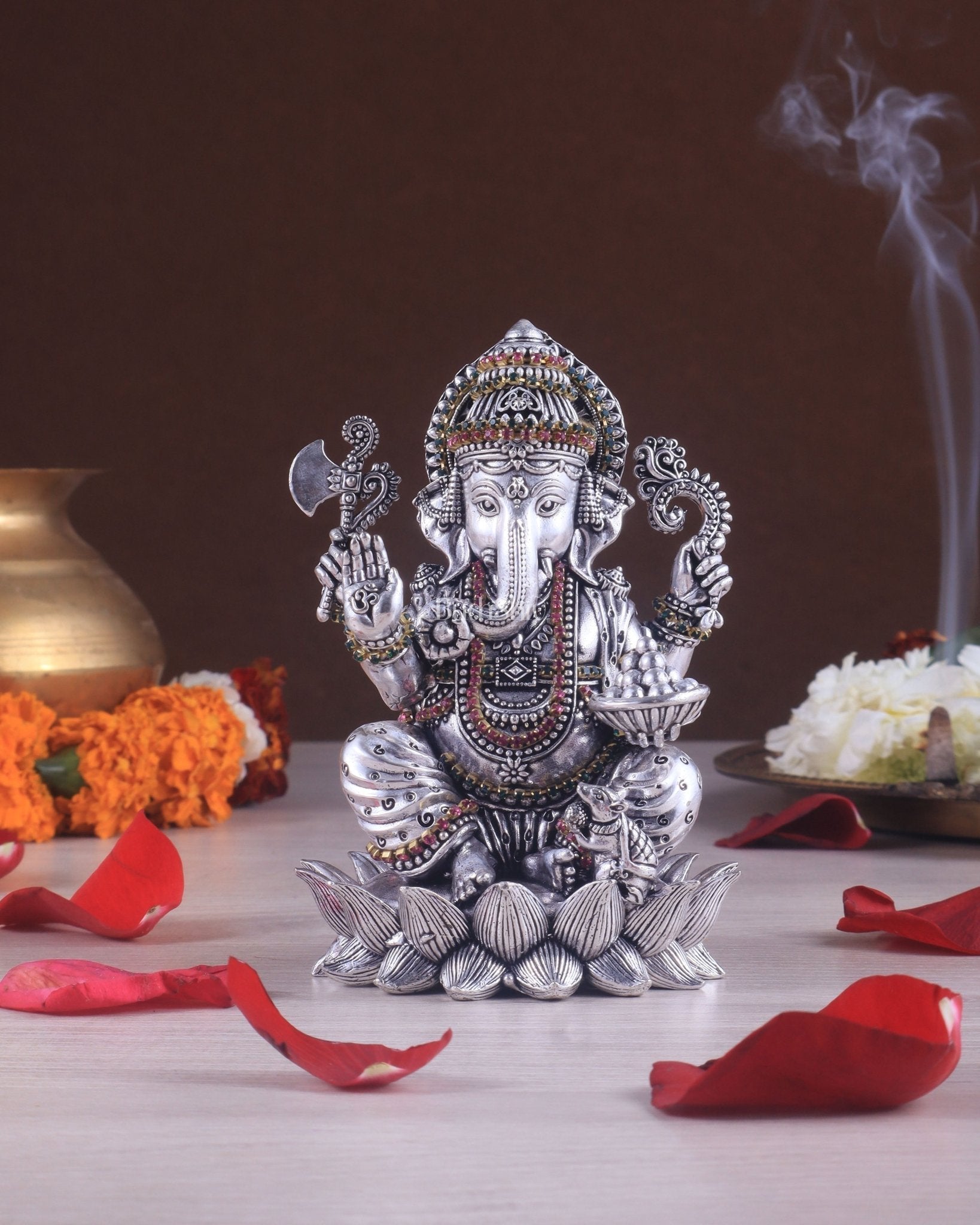Silver plated Brass Superfine Intricately Carved Small Right trunk Ganesha Idol - 5" Tall - Sama Homes Idol - Brass Sculpture - Eco-friendly - Sama Homes