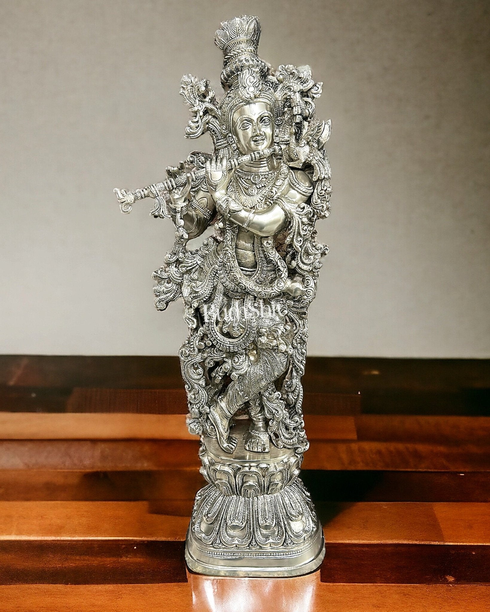 Silver Plated Krishna Statue - Superfine Brass - Handcrafted 29 inch - Sama Homes Idol - Brass Sculpture - Eco-friendly - Sama Homes