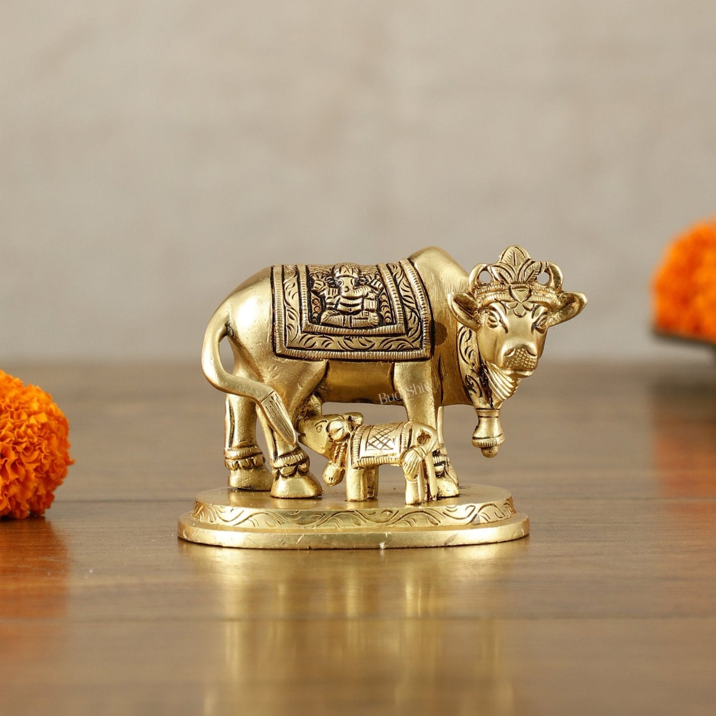 Small Brass kamdhenu Cow and Calf Idol 3" - Sama Homes Idol - Brass Sculpture