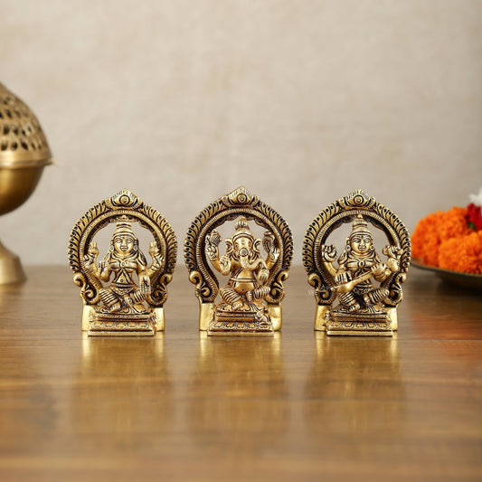 Small Pure Brass Ganesha Lakshmi Saraswati Idols with Prabhavali - 3 Inch - Sama Homes Idol - Brass Sculpture