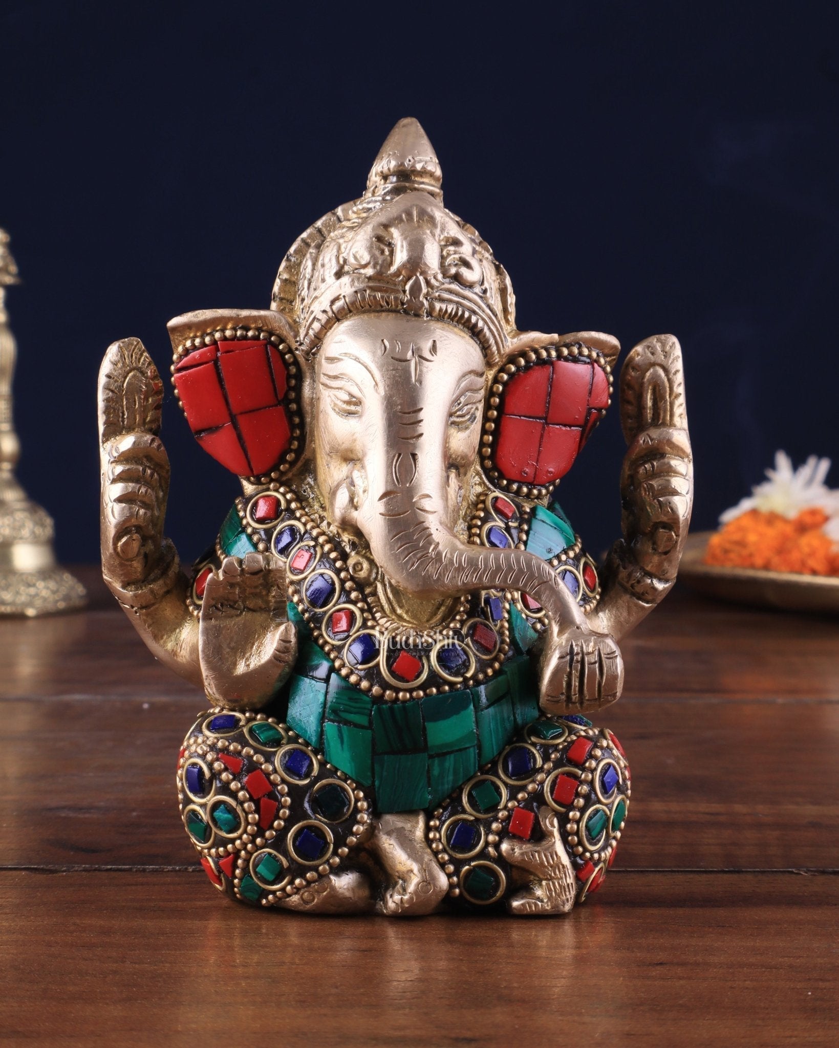 Small Pure Brass Lord Ganesha Idol with Stonework - 5 Inch - Sama Homes Idol - Brass Sculpture - Eco-friendly - Sama Homes