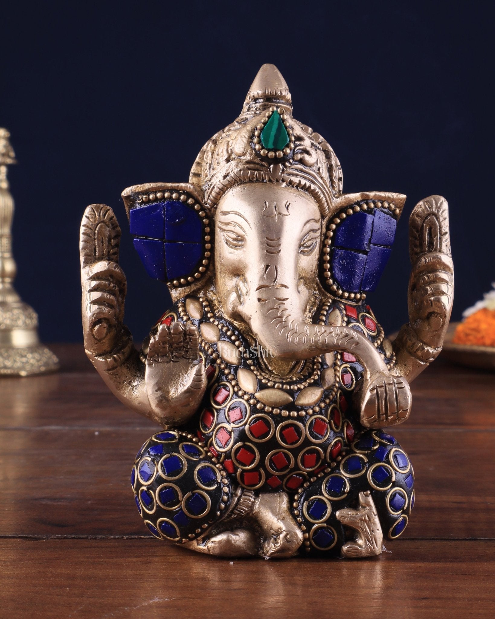 Small Pure Brass Lord Ganesha Idol with Stonework - 5 Inch - Sama Homes Idol - Brass Sculpture - Eco-friendly - Sama Homes