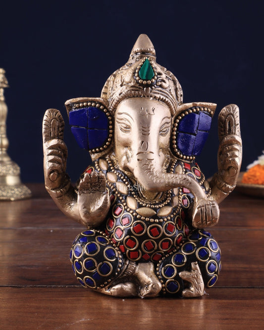 Small Pure Brass Lord Ganesha Idol with Stonework - 5 Inch - Sama Homes Idol - Brass Sculpture