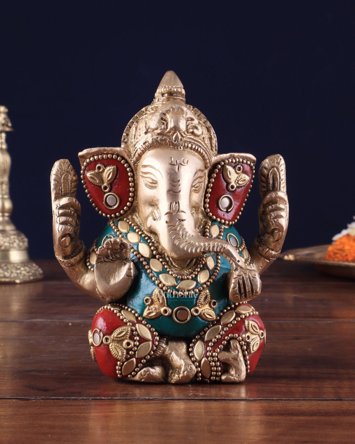 Small Pure Brass Lord Ganesha Idol with Stonework - 5 Inch - Sama Homes Idol - Brass Sculpture