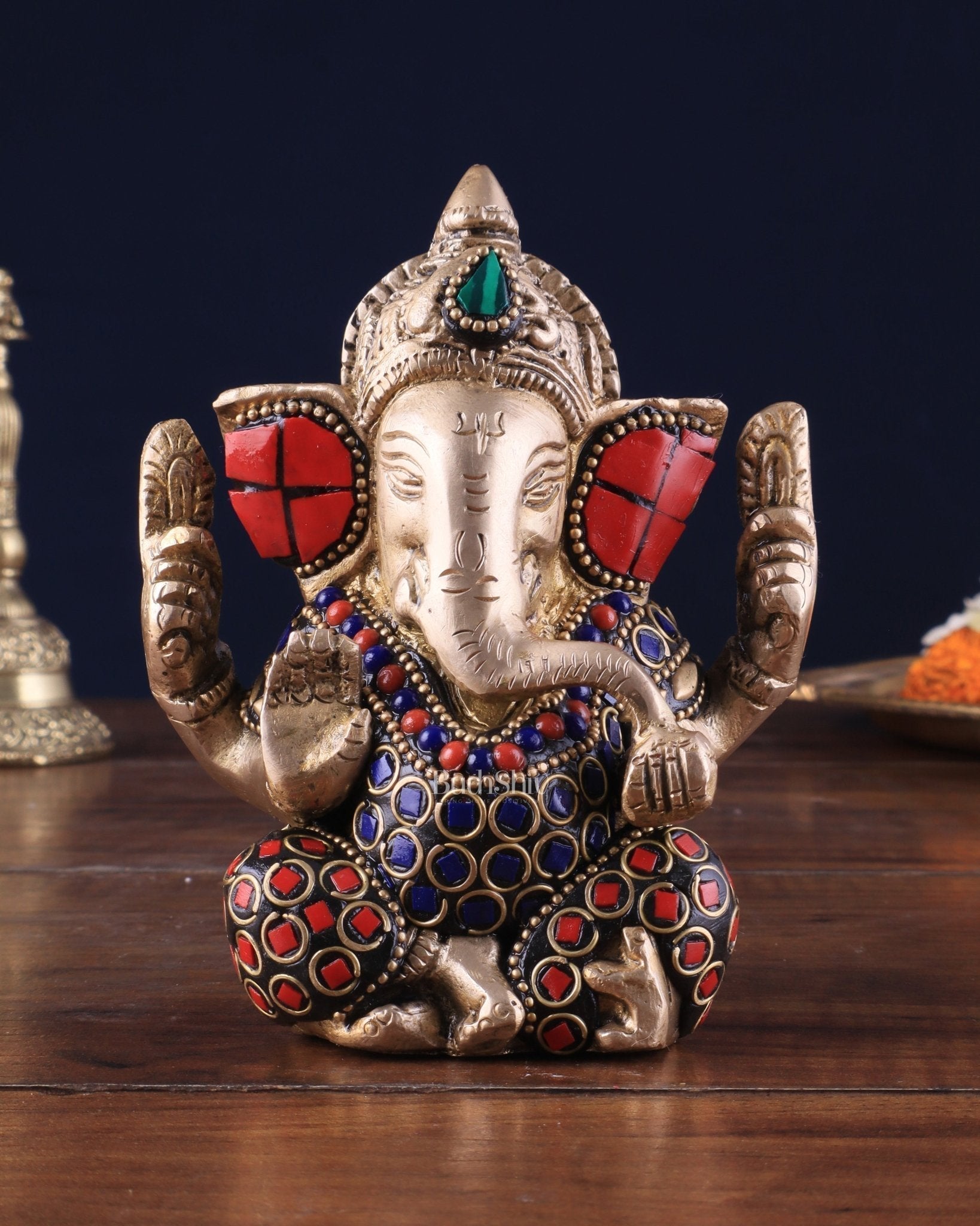 Small Pure Brass Lord Ganesha Idol with Stonework - 5 Inch - Sama Homes Idol - Brass Sculpture - Eco-friendly - Sama Homes