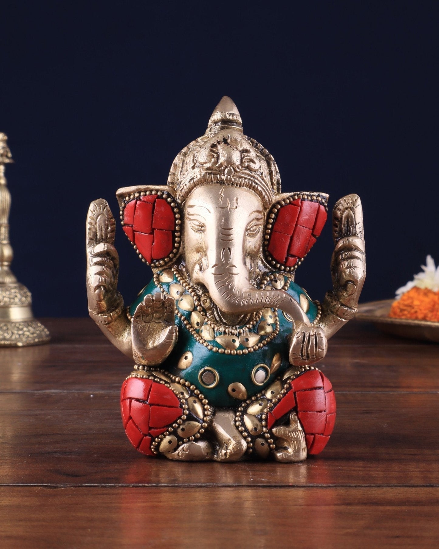 Small Pure Brass Lord Ganesha Idol with Stonework - 5 Inch - Sama Homes Idol - Brass Sculpture