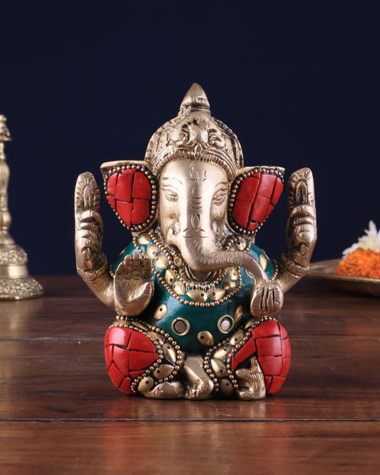 Small Pure Brass Lord Ganesha Idol with Stonework - 5 Inch - Sama Homes Idol - Brass Sculpture