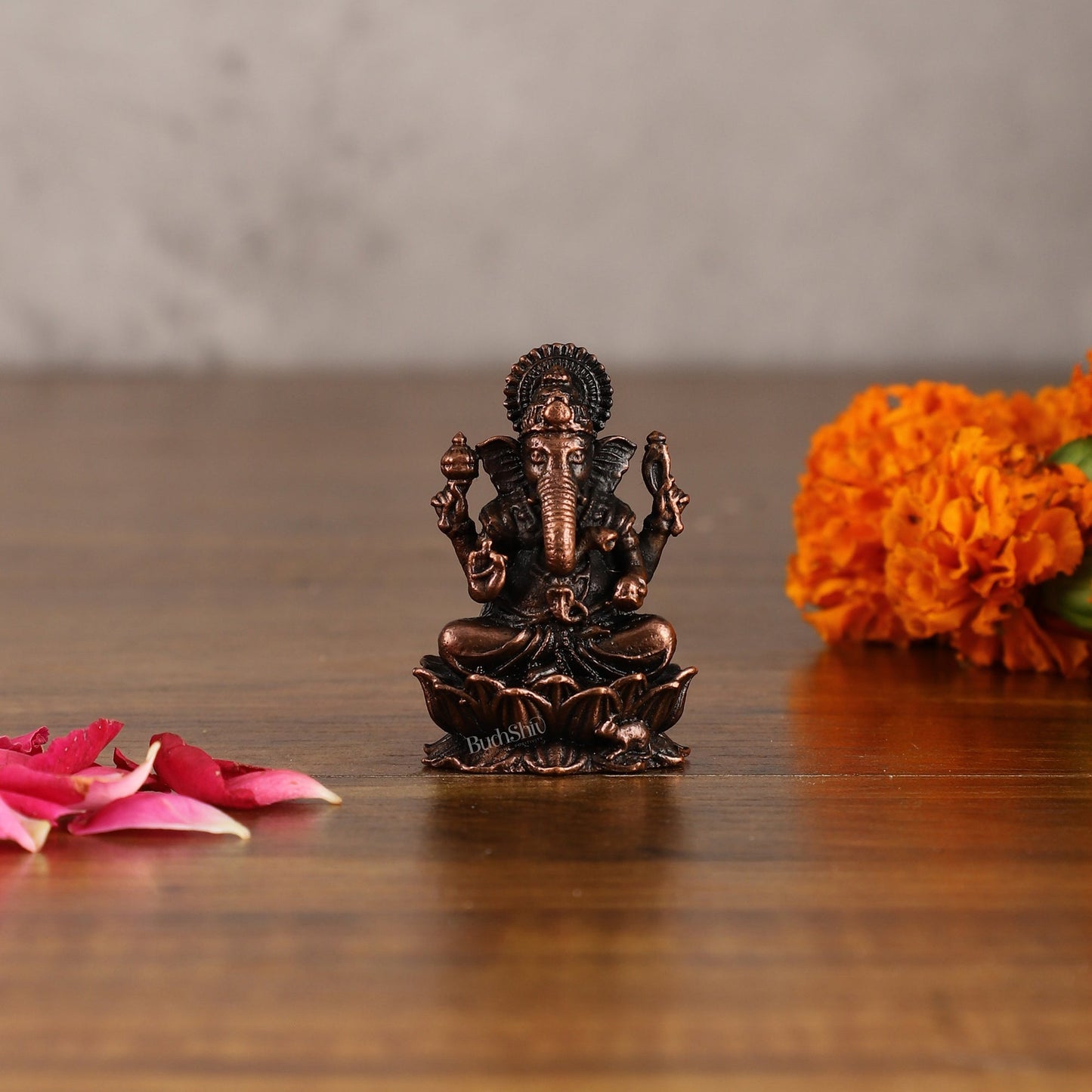 Small Pure Copper Ganapati on Lotus Idol | 2.5" - Sama Homes Idol - Brass Sculpture