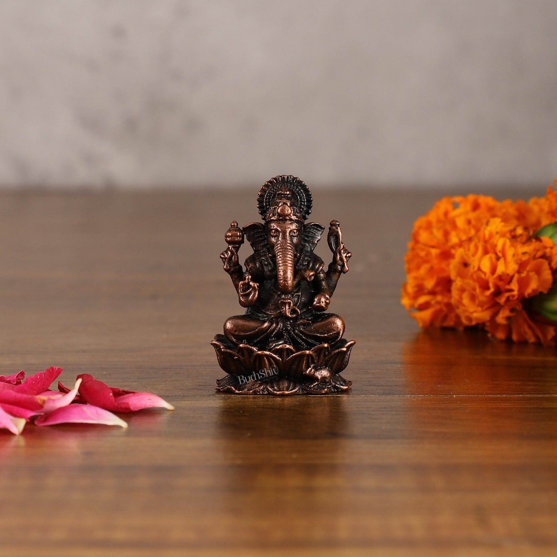 Small Pure Copper Ganapati on Lotus Idol | 2.5" - Sama Homes Idol - Brass Sculpture - Eco-friendly - Sama Homes